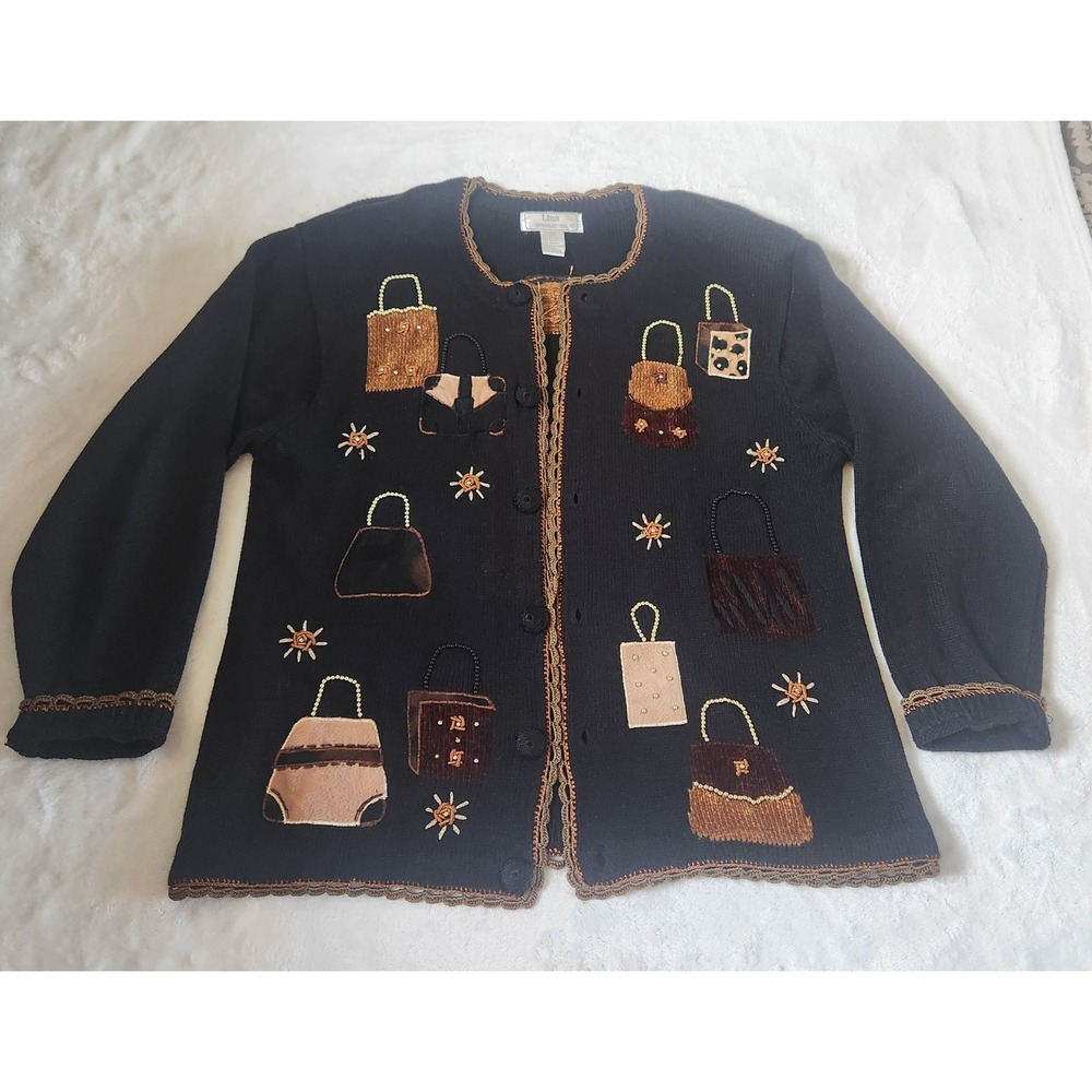 Vintage LISA International Beaded Embroidered Cardigan Purse/handbag Theme XL